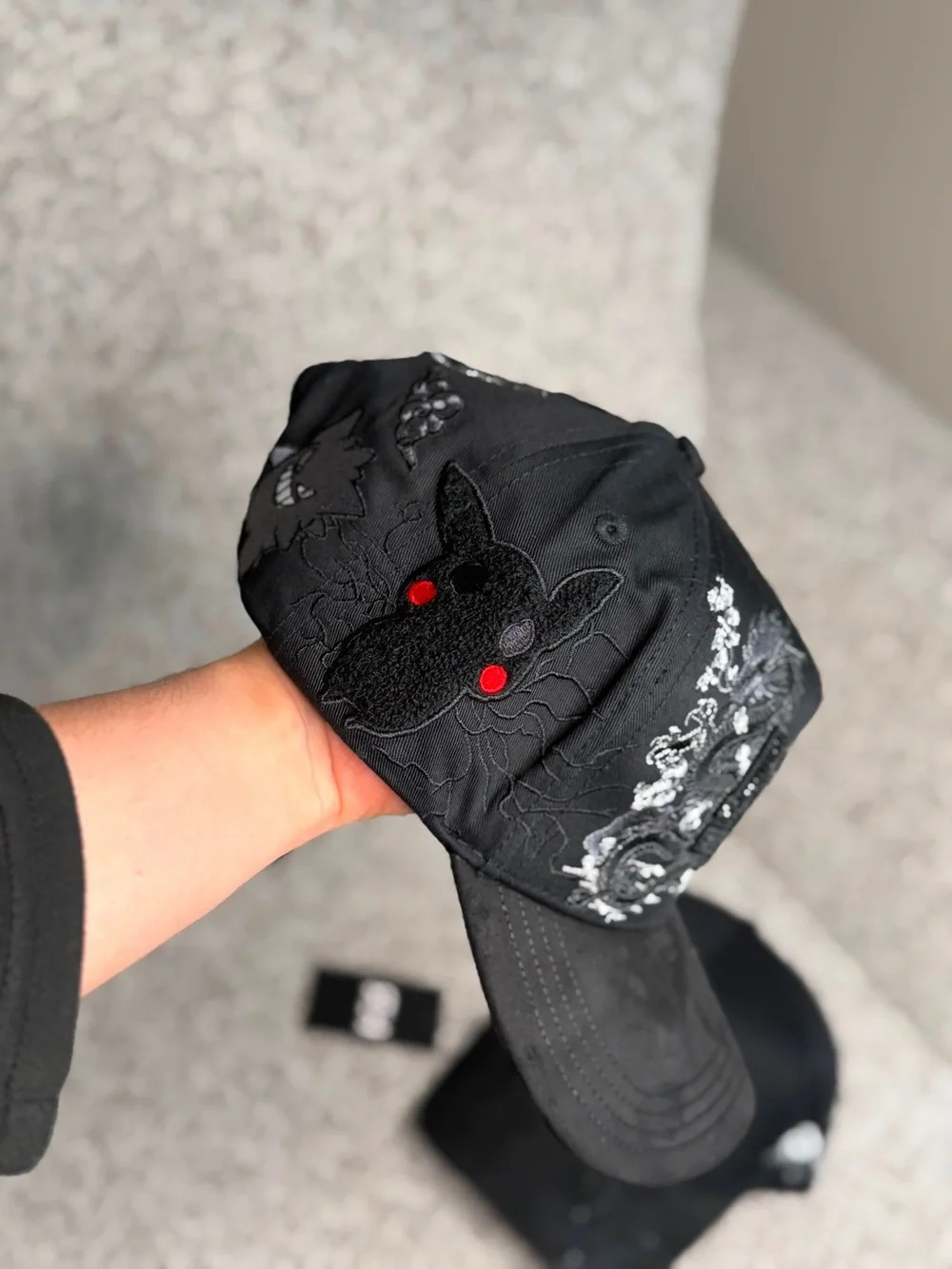 Kids Black Embroidered Flower Baseball Cap